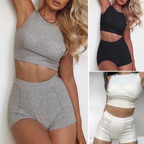 Women Solid Color Round Neck Shorts Casual Suit Rib Line Stitching Vest Two-Piece Suit Sportswear