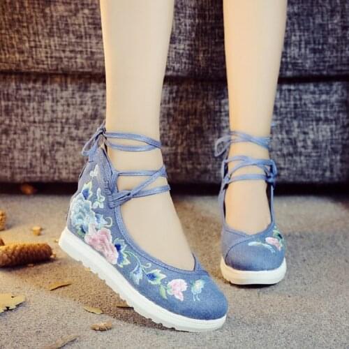 2021 New Women Canvas Increasing Height Ankle Strap Spring Autumn Shoes China Style Vintage Embroiders Wedges Heels Lady Shoes