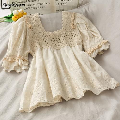 Shirts Women Hollow Out Square Collar Patchwork Butterfly Sleeve French Style Elegant Lovely Retro All-match Trendy Females New