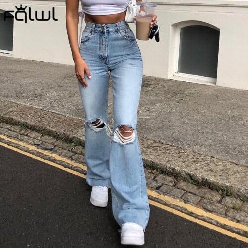 FQLWL Ripped Flare Jeans Pants High Waist Women Trousers Skinny Wide Leg Denim Jeans Female Streetwear Bell Bottom Pants Ladies