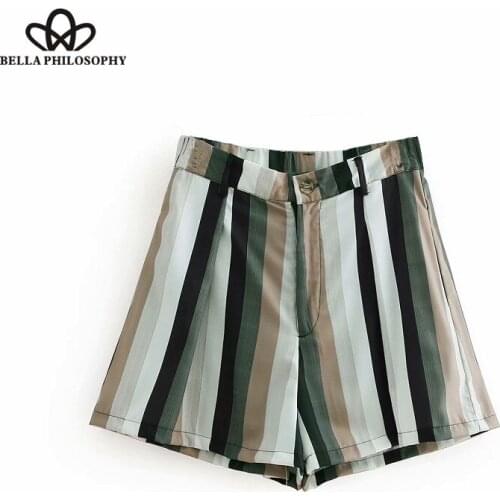Bella Philosophy vintage striped printing pocket Bermuda Shorts ladies casual chic high waist short pants pantalones cortos