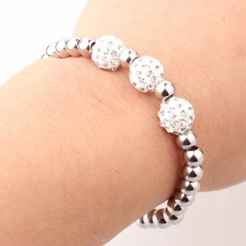 Womens Jewelry Silver Stainless Steel 6mm Beades with Crystal Ball Bracelet 6mm7.87" No Fade