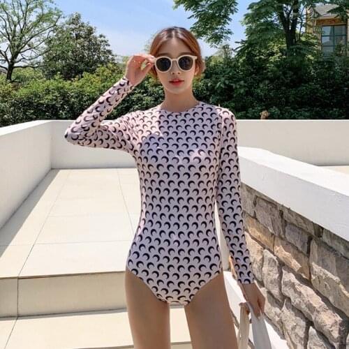 Swimsuit Women Bathing Suit Swimming Swimwear Bodysuit Long Sleeve Exposed Back Moon Print Covering Polyester