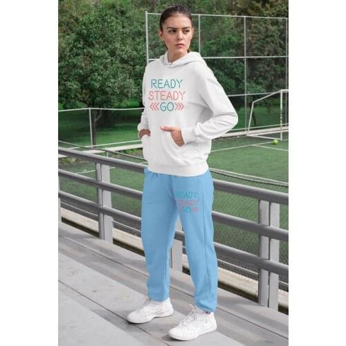 Angemiel Wear Ready Steady Women Tracksuit Set White Hooded Sweatshirt Blue Sweatpants
