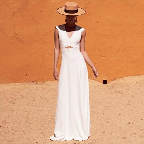 Boho A-Line Jersey Sweep Train White Ivory Sleeveless Wedding Dress 2021 High Quality V-Neck Lace Backless Bridal Gowns