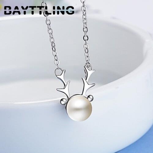 BAYTTLING 925 Sterling Silver Round Pearl Cute Antler Pendant Necklace For Woman Fashion Wedding Engagement Jewelry Gift