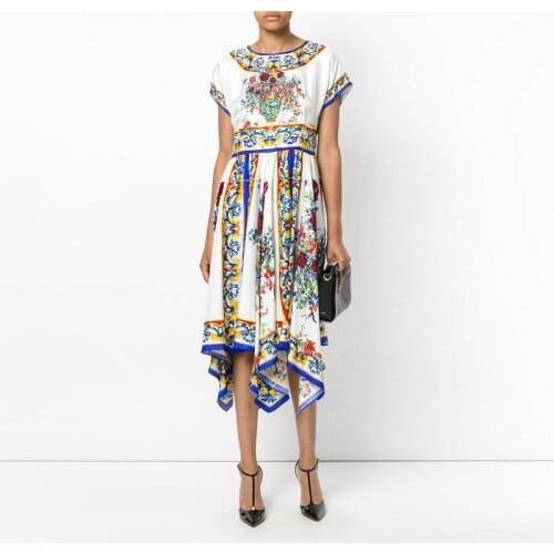 2021 summer blue-and-white porcelain printed women pearls dresses short-sleeve Asymmetrical beading luxury women long dresses