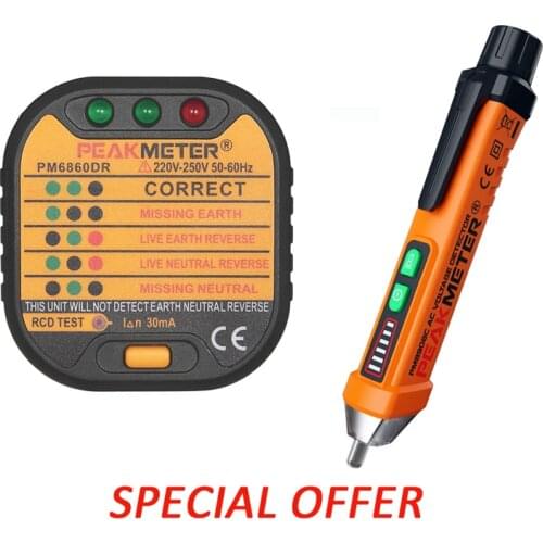Peakmeter Socket Tester 110v 220V with GFCI RCD and Pen type Non Contact Voltage Tester for Electric electrical Power tester