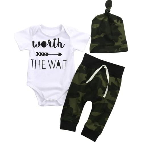 Newborn Clothes Baby Boy Short Sleeve Arrow Bodysuit Tops Camouflage Pant Hat 3PCS Outfits Baby Clothing Set