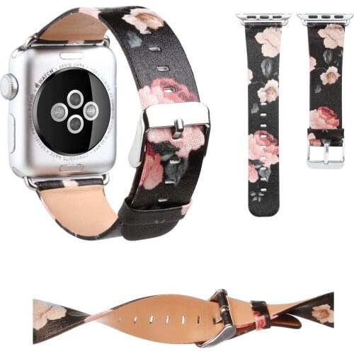 Black Leather Strap for Apple Watch Band Series 3 2 1 Rose Flower Print Watchband for iWatch Bracelet 38mm 42mm with Adapters