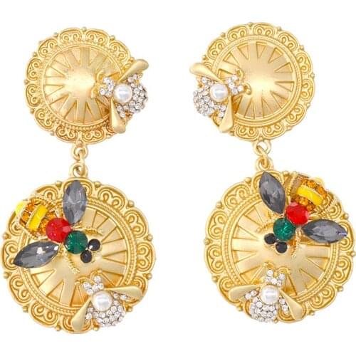 Retro Engraved Long Drop Earring Gold Party Long Women Exaggerated Statement Earring Classical Round Jewelry