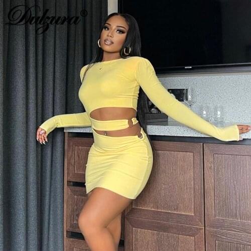 Dulzura 2021 Autumn Winter Women Solid Long Sleeve Hollow Out Mini Dress Shoulder Pads Bodycon Sexy Elegant Party Club Festival
