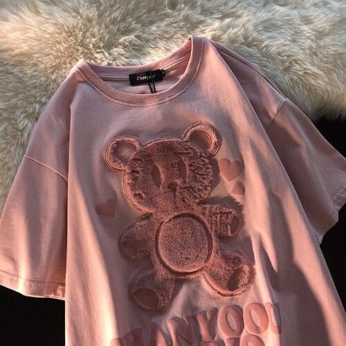 Cotton Japanese Love Bear Couple Short Sleeve T-shirt Top 2021 Early Spring Oversize Loose Shirts for Women