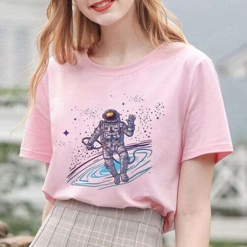 Astronaut Space Walk Graphic Print T-shirt Women Korea Fashion Pink Tops Tshirt Harajuku Aesthetic Sci-fi Style Female T Shirt