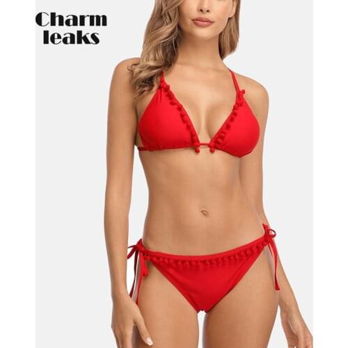 Charmleaks Women Bikini Set Tassel Ball Swimsuit Halter Swimwear Solid Color Bathing Suit Sexy Push Up Beachwear