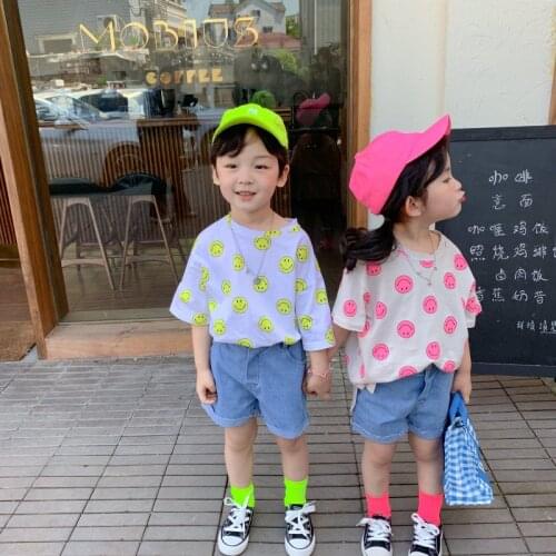 MILANCEL 2021 Summer Girl Clothing Smile Face Print Simple Tee Casual Boys T-shirt Base Tops