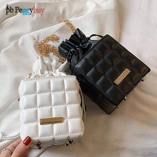 Fashion Women PU Bag Checker Cube Shoulder Solid Color Drawstring Crossbody Vintage Small Shoulder Ladies Messenger Bag
