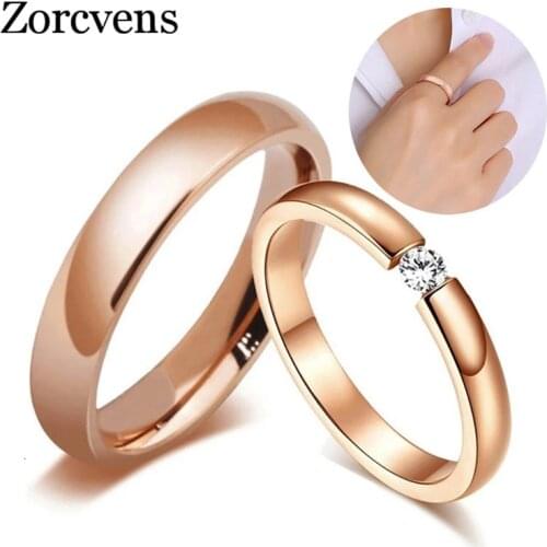 Trendy Rose Gold Tone Engagement Couple Rings for Lovers Stainless Steel with CZ Stone Men Women Wedding Jewelry Bands Wholesale