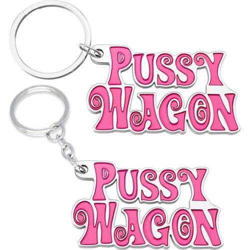 Men Women Fashion Key Ring Pussy Wagon 1Pcs European Style Pink Zinc Alloy Letter Keychains DIY Pendant Keyring Accessories
