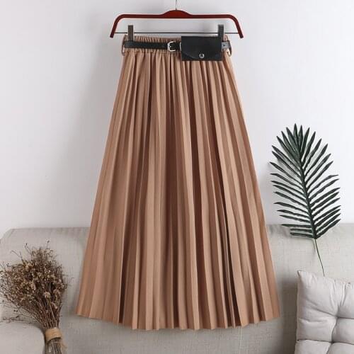 2020 New Vintage Pleated Long Skirt Women High Waist Midi pocket Skirt Korean Elastic Band Belt Waist bag Maxi Skirts Womens