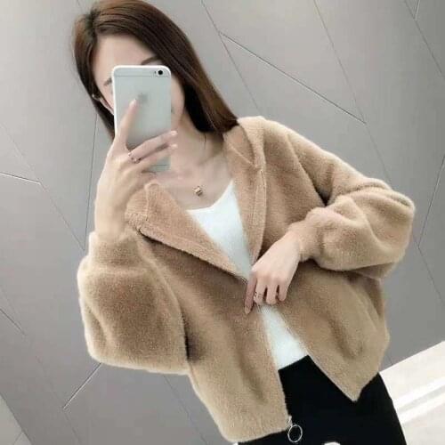 Imitation Mink Velvet Coat Short Solid Female Hooded Zipper Pocket Decoration Long Sleeve Knitted Sweater Coat Women X541