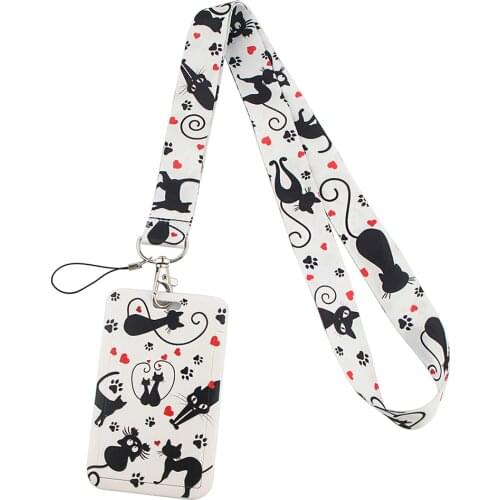 PF222 Dongmanli Black Cat Print Neck Straps lanyard Car Keychain ID Card Pass Gym Mobile Phone Key Ring Badge Holder Jewelry