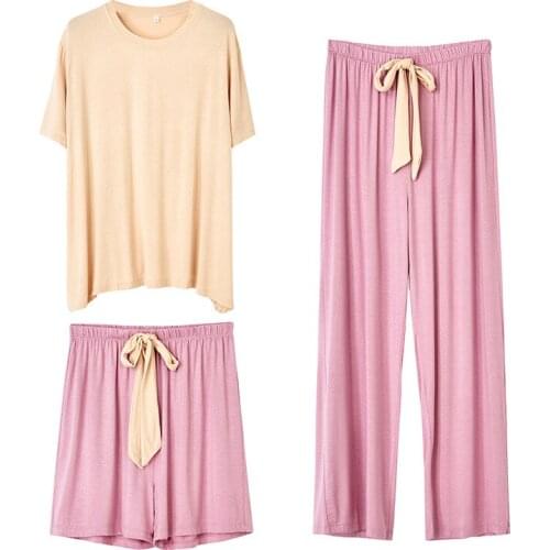 Modal pajamas women summer short-sleeved shorts trousers fairy lazy three-piece loose home service