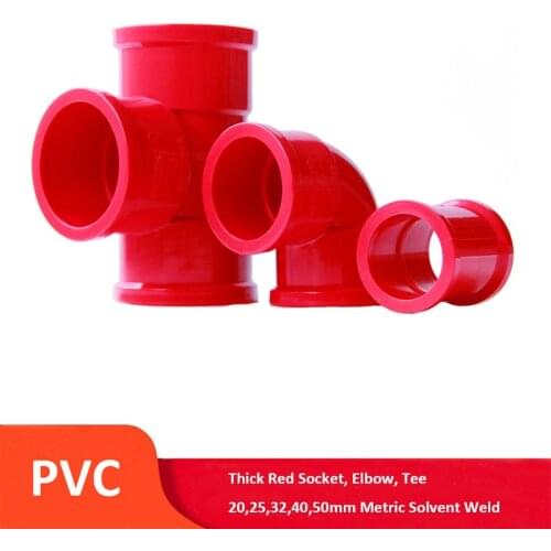 PVC Thick Red 20mm,25mm,32mm,40mm,50mm Socket Elbow Tee Metric Solvent Weld Pressure Pipe Fitting Aquarium Pond Pool Garden DIY