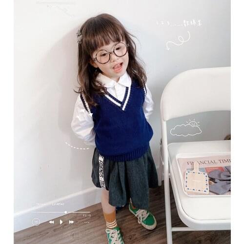 Kids Preppy Style Vest Boy Girl Navy Blue Kindergarden Shool Uniform Sweater Girls 1 to 10 Years 2021 Kids Clothes OKC205005