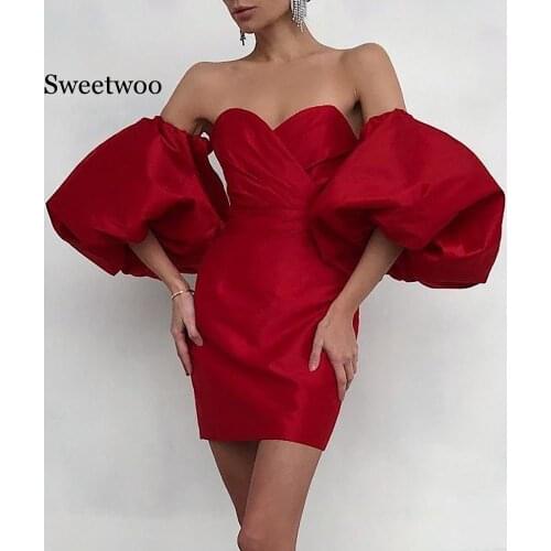 SWEETWOO 2020 Puff Sleeve Solid Sexy Dress Red Black Blue Woman Ribbed Stitching Party Dress Woman High Waist Slim Short Dresses