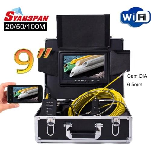 SYANSPAN 9" WiFi 20/50/100M Pipe Inspection Video Camera,Drain Sewer Pipeline Industrial Endoscope support Android/IOS 6.5mm Cam