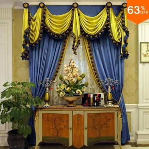 Green Blue Luxurious Rod Stick curtains for living room curtain pompom Valance kant Restaurant sheer curtains Blackout curtain
