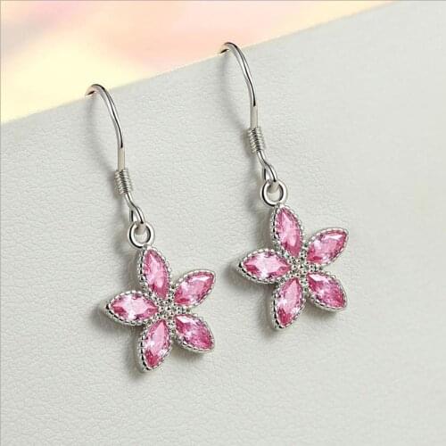 Everoyal Shiny Zircon Pink Flower Girl Drop Earrings For Women Accessories Female Fashion Silver 925 Earrings Lady Jewelry Hot