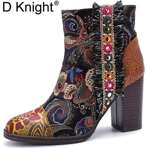 2019 Winter Women Ankle Boots Genuine leather Vintage Thick High Heels Short Shoes Boots Woman Embroidery Ladies Motorcycle Boot