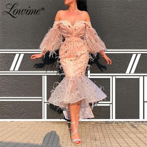 Pink Feathers Prom Dresses Robe De Soiree Arabic Dubai Tea Length Party Gown 2020 Short Mermaid Evening Dress Aibye Pageant Gown