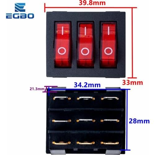 1PCS On-Off KCD3 9Pin Red 16A/250V AC Light Boat Car Rocker Switch KCD3 Triple Light Switch Button KCD3-303