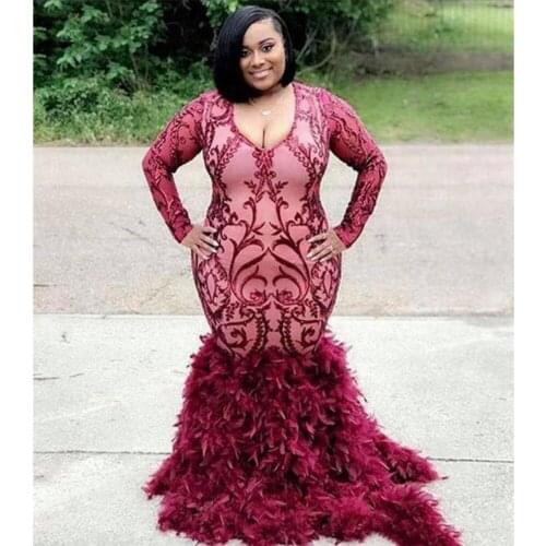 2019 Burgundy Plus Size Mermaid Prom Dresses Lace Feathers Black Girls Graduation Party Gowns Long Gala Dress DP0500