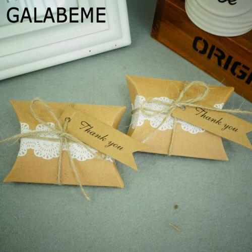 50pcs 7X9X2.4CM Kraft paper pillow candy box candy packaging boxes with thank you tag wedding gifts for guests wedding favors