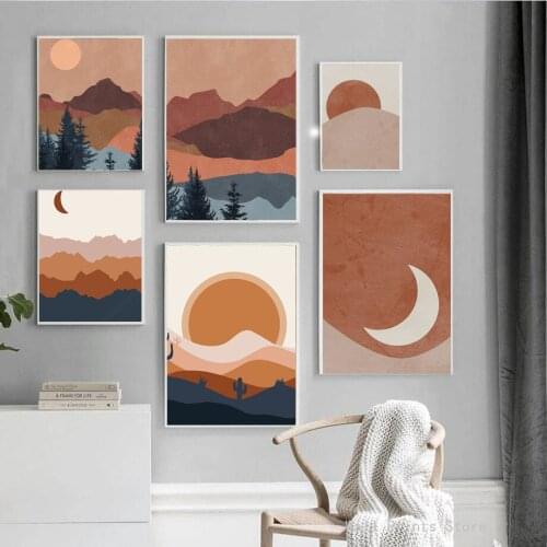 Abstract Boho Landscape Nordic Forest Moon Sun Posters and Prints Vintage Wall Art Pictures Canvas Painting for Bedroom Decor