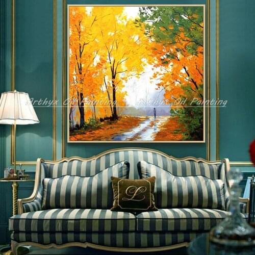 Arthyx Handpainted Tree Modern Decoration Entrance Wall Painting Autumn Scenery Oil Paintings on Canvas Wall Art For Living Room