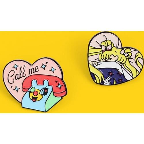 Cartoon Cute Heart Girl Brooch CALL ME Lapel Shirt Enamel Pins Broches for Men Women Badge Pines Brooches Jewelry Accessories