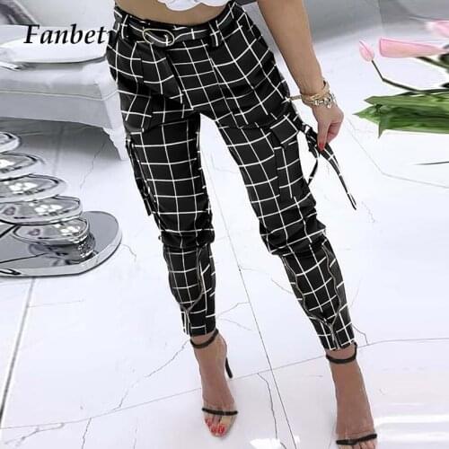 Fashion Office Lady Plaid Print Long Pants Spring Women Casual High Waist Cargo Pant Zipper Design Skinny Trouser Streetwear 5XL