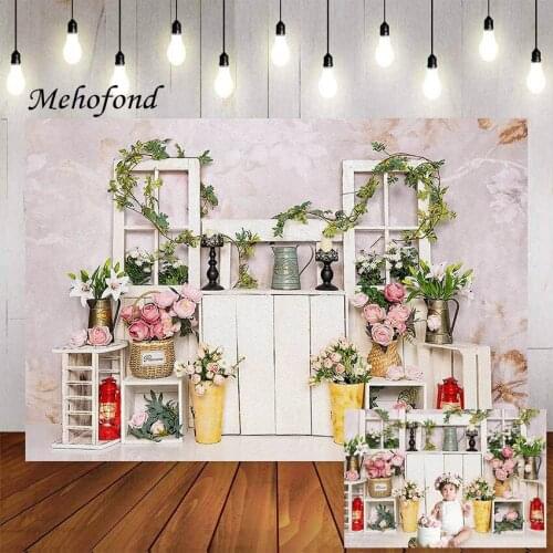 Mehofond Photography Background White Wood Door Pink Flower Girl Cake Smash Birthday Party Portrait Backdrop Photo Studio Prop