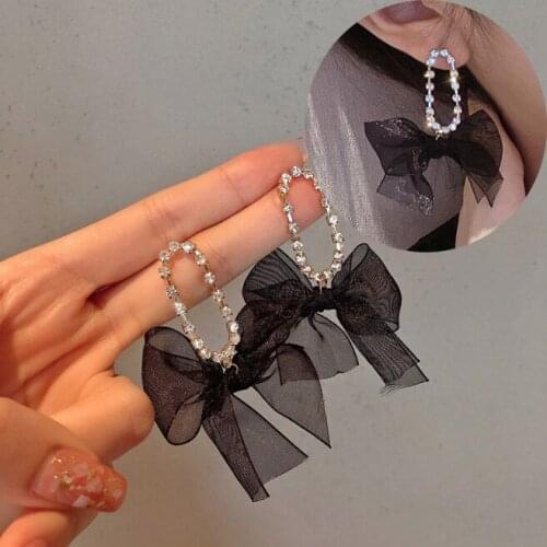 Korean Dangle Drop Earrings Kawaii Cute Women Wholesale Black Tulle Yarn Rhinestone Bow Knot Tie Fall Winter Fashion Jewelry