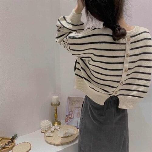 Korean Style O-neck Short Knitted Sweaters Women Thin Cardigan Fashion Designer Autumn Long Sleeve striped Crop Top Ropa Mujer