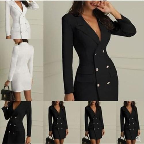 Mini Dress Elegant Office Ladies Clothes Turndown Collar Double Breast Dress Winter Autumn Female Bodycon Long Sleeve Dress