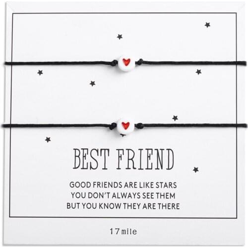 Best Friend Minimalist Red Heart Charms Bracelet with Card Girl Black Rope Bangle for Women Men Friendship Jewelry Birthday Gift