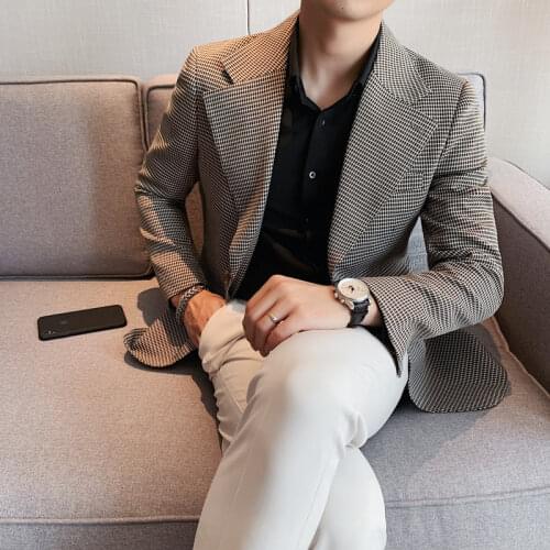 Fashion Plaid Men Blazers Single-breasted Houndstooth Business Casual Office Suit Jacket British Wedding Social Slim Dress Coat