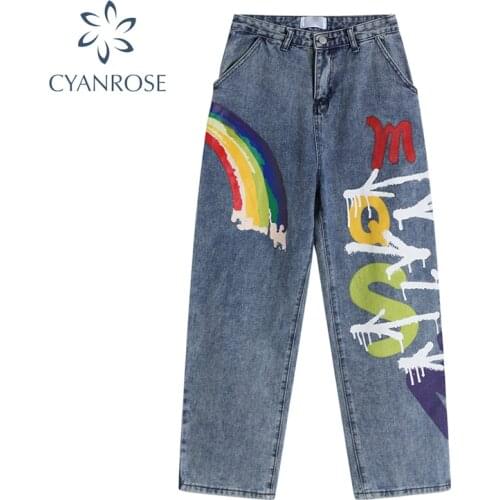 Fashion Jeans Woman High Waist Baggy 2021 Autumn Street Hip-hop Rainbow Graffiti Print Wide Leg Pants Tide Women Long Trousers