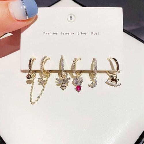 2020 Charm Women Style Colorful Zircon Earring Stars Moon Love Heart Hoop 6-Piece Earrings Set For Girls Christmas Gift Jewelry
